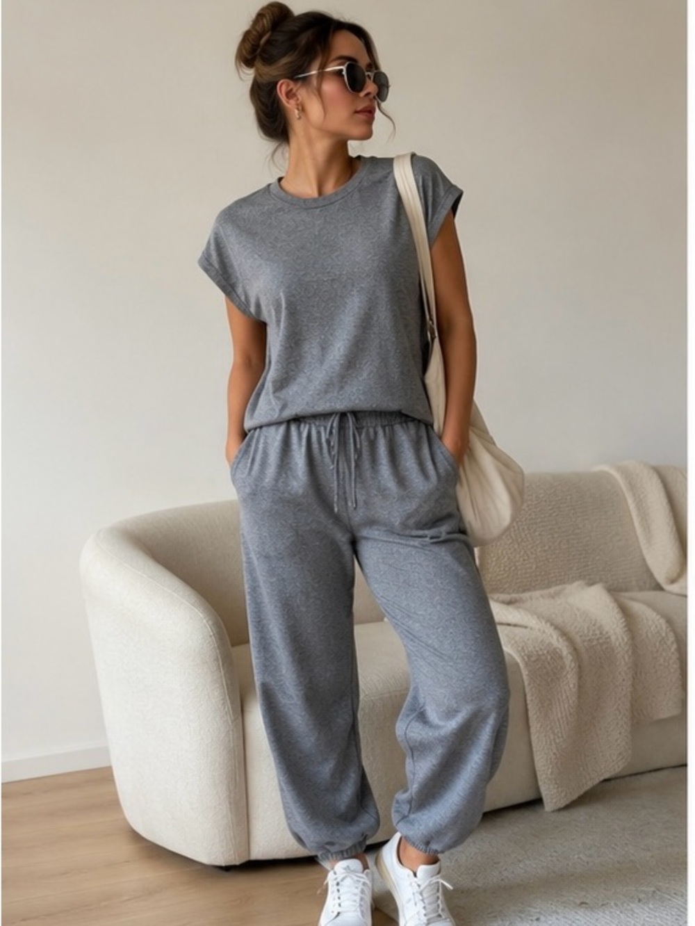 EKOUAER Grey 2-Piece Lounge Set Cap Sleeve Top & Jogger Pants XL
